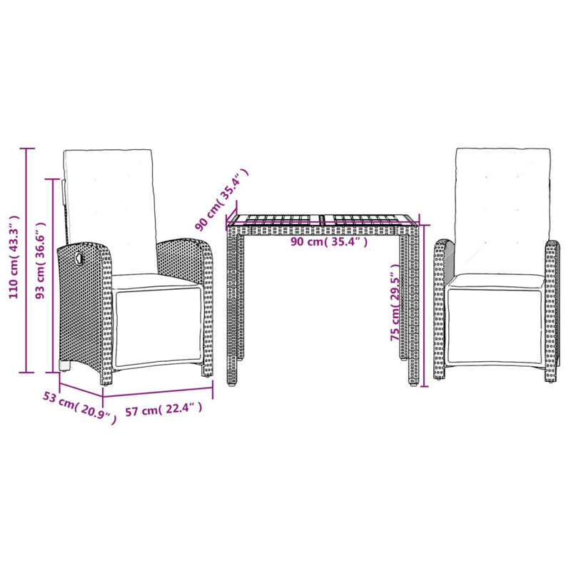Square 2 - Person 90cm Long Bistro Set with Cushions