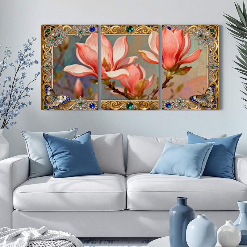 Ensemble de 3 tableaux muraux sur toile tendue représentant des fleurs de magnolia et des papillons, H 36 po x l 72 po