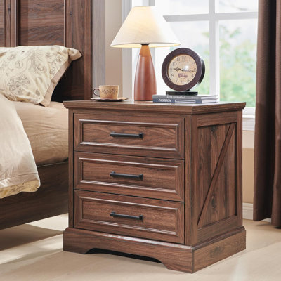 Farmhouse 23.6'' W Nightstand With Charging Station, Wood End Table With 3 Large Drawers & Wide Bar Handles