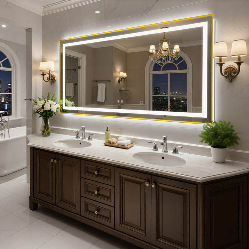 Bathroom LED Mirror Brushed Gold Metal Frame Frontlit & Backlit Vanity Mirror Anti-Fog Stepless Dimmable 3 Colors Wall-Mounted