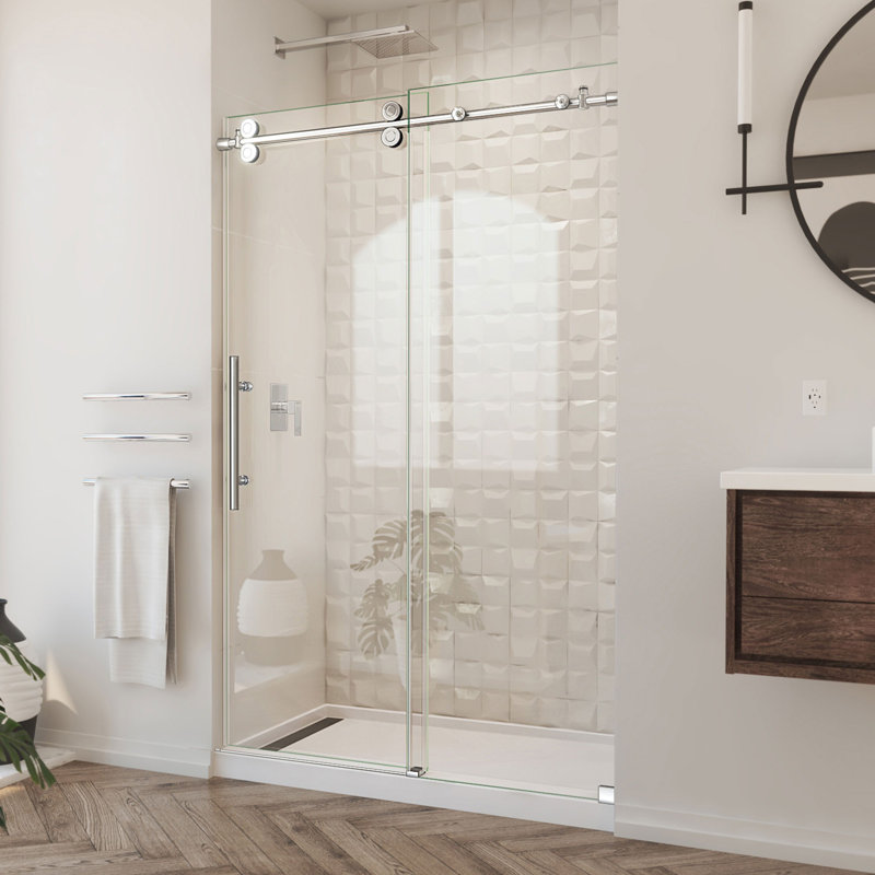 Porte de douche coulissante simple sans cadre l 44 po x H 76 po Enigma-XO avec technologie ClearMax ™, Acier inoxydable poli