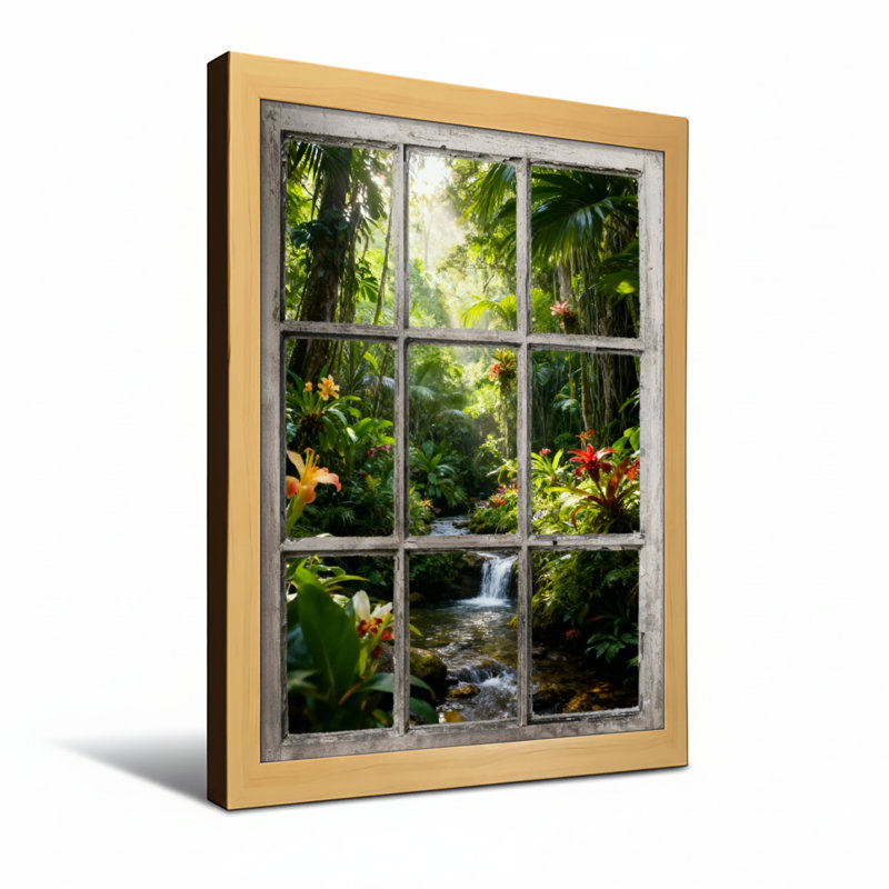 Paysage et nature, forêt tropicale, cascade, vue de la fenêtre, H 18 po x l 12 po, Toile tendue, Ne s’applique pas