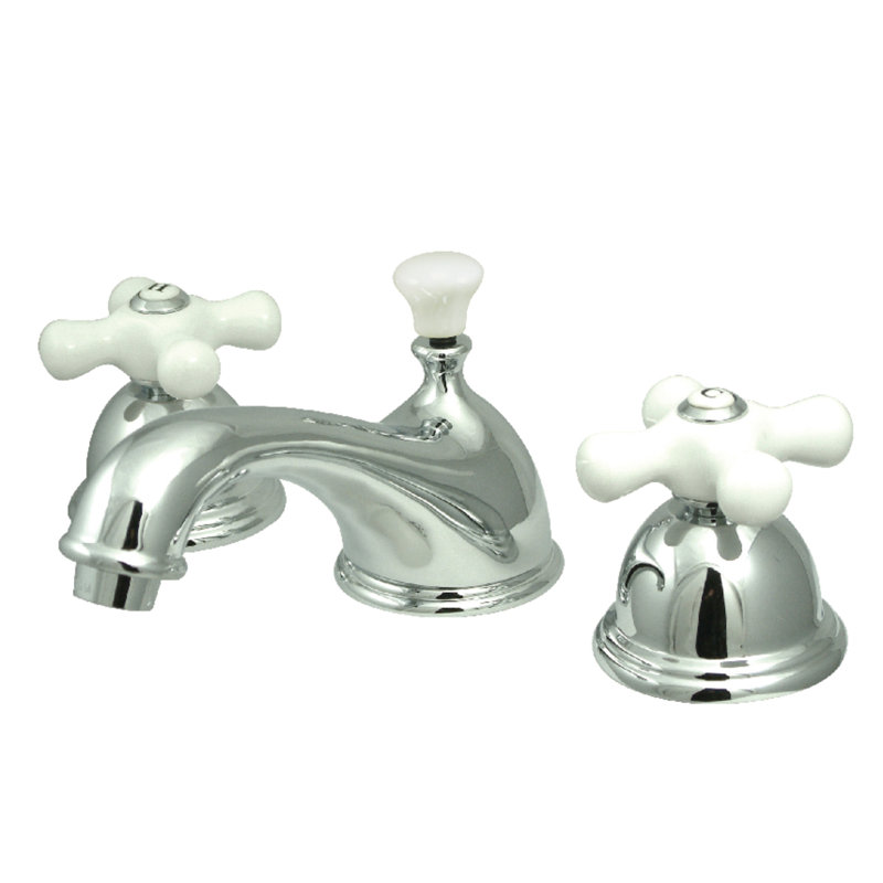 Kingston Brass Restoration Two-Handle 3-Hole Deck Mount Widespread Bathroom Faucet with Brass Pop-Up Drain, Polished Chrome