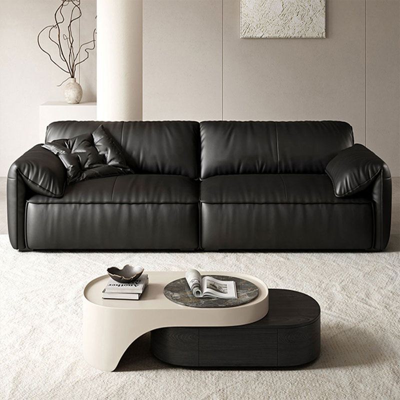 Causeuse-coussin modulable noire en cuir véritable, Noir