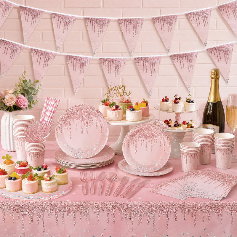 Rose Gold Party Party Pack de 454, ensemble de vaisselle jetable avec des assiettes en papier scintillantes