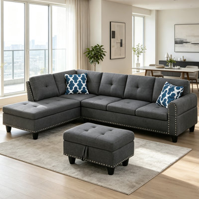 98" Linen L-Shaped Sectional Sofa Set with Storage Ottoman, Pull-Down Cup Holders, Nailhead Trim, Seats 4, Non-Customizable