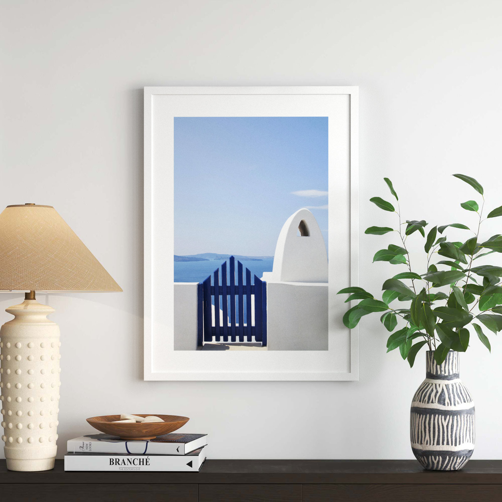 Oia Blue Fence by Golie, White, 33" H x 24" W