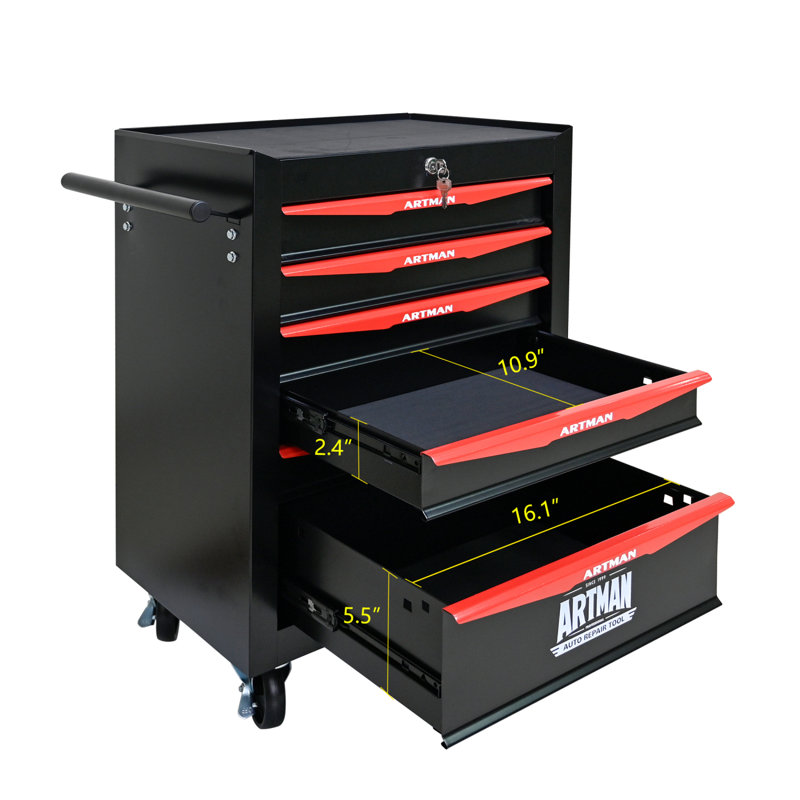 Coffre à outils roulant en métal avec 6 tiroirs, armoire à outils à 6 tiroirs de 20 po avec glissières à roulement à billes, coffre à outils en acier noir et rouge