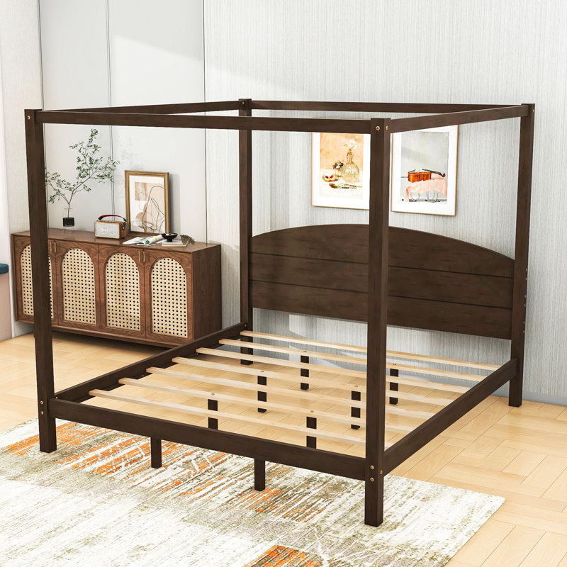 King Size Canopy Platform Bed with Sturdy Wooden Slats and Under Bed Storage, Brown Wash