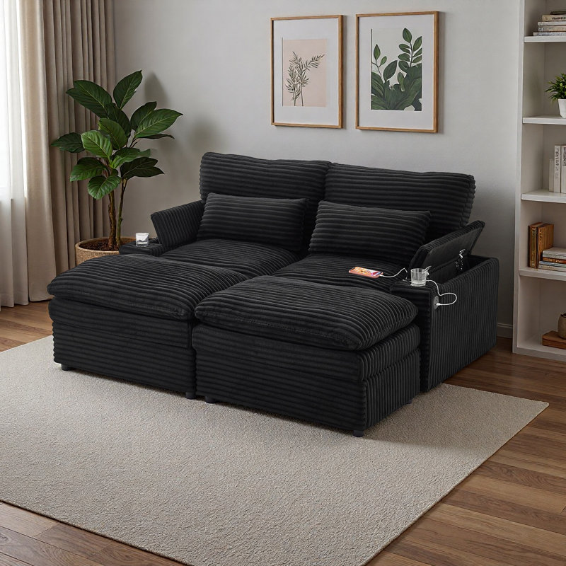 Canapé modulaire 70,9 po avec 2 repose-pieds mobiles, canapé-lit convertible avec 4 ports USB, porte-gobelets et rangement, canapé modulaire en velours côtelé pour le salon