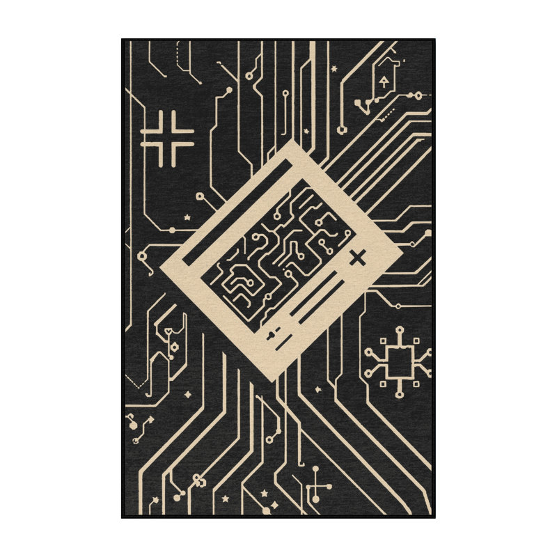 Machine Washable Orfelinda Eight Bit Console Retro Geometric Rug in Black – Black Binding, 3x5