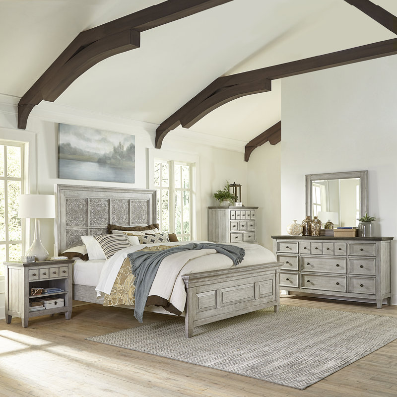 Haylee Bedroom Set w/ Decorative Headboard, California King, 5 Pcs: Bed, Nightstand, 2 Dressers, Mirror