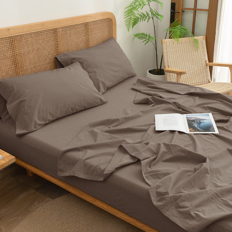 Ensemble de draps 100% coton délavé Bestouch, Ensemble de draps très grand californien avec 2 t, Brun écorce de pin