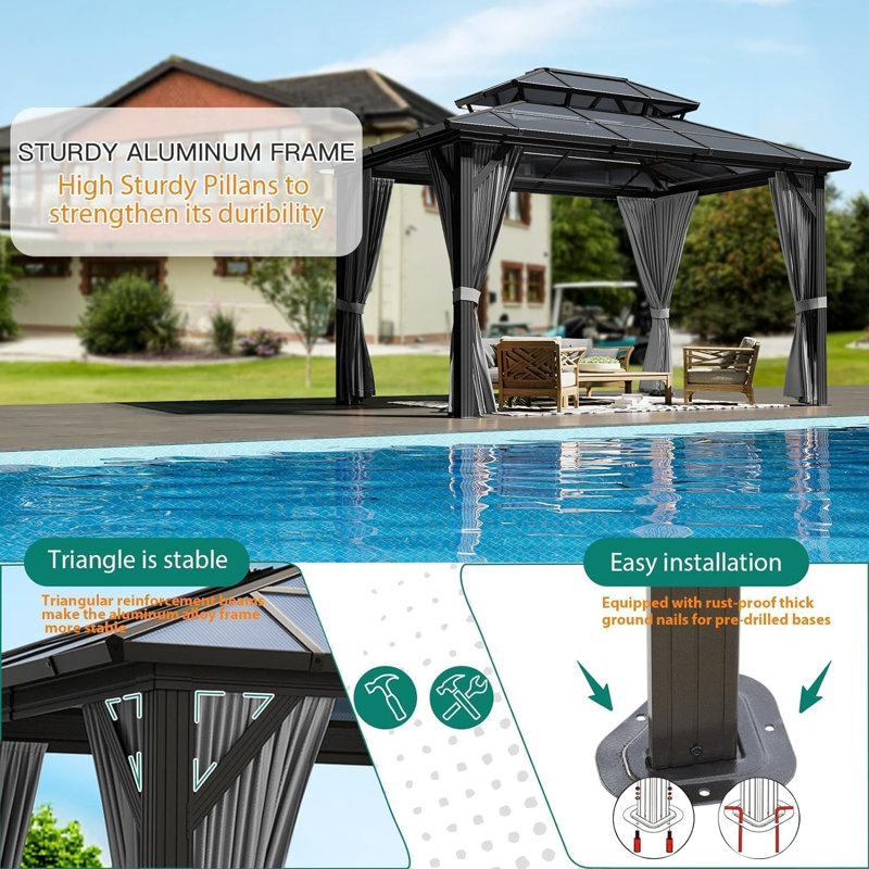 Pavillon de jardin rigide avec toit double en polycarbonate - structure en aluminium, protection contre les rayons UV et rideaux en maille pour patio, jardin, cour arrière