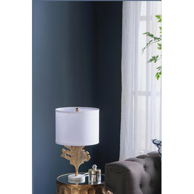 Lampe de table D13x22,2 "or et blanc avec motif de feuille (assemblage de l'abat-jour requis)