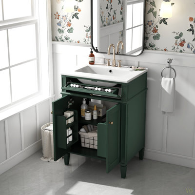 Meuble-lavabo 24 po avec 2 portes et tiroir escamotable, armoire de rangement de salle de bain avec lavabo, portes à fermeture en douceur avec organisateurs