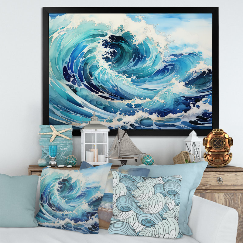 Blue Wave Ocean Storm - art mural océan, H 16 po x l 32 po x P 1 po, Cadre simple noir