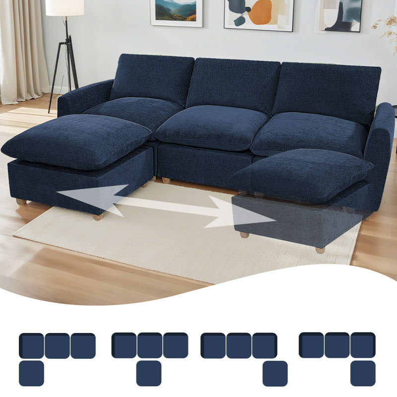 100" Modern Chenille Sectional With Ottoman, Blue Chenille