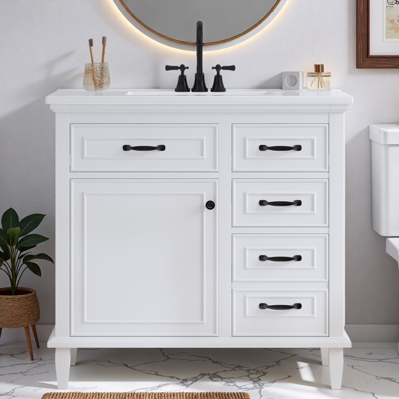 Meuble-lavabo de salle de bain avec lavabo en céramique, armoire, tiroirs, tablette réglable et poignées en alliage de zinc