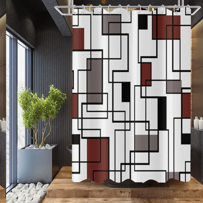 Geometric Burgundy Bliss: Modern Abstract Shower Curtain - Waterproof, Machine Washable, Minimalist Bathroom Decor with 12 Hooks