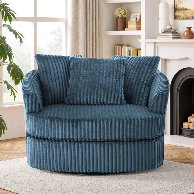 Ultra Plush Faux Rabbit Fur Oversized Swivel Barrel Chair with Three Pillows, Blue