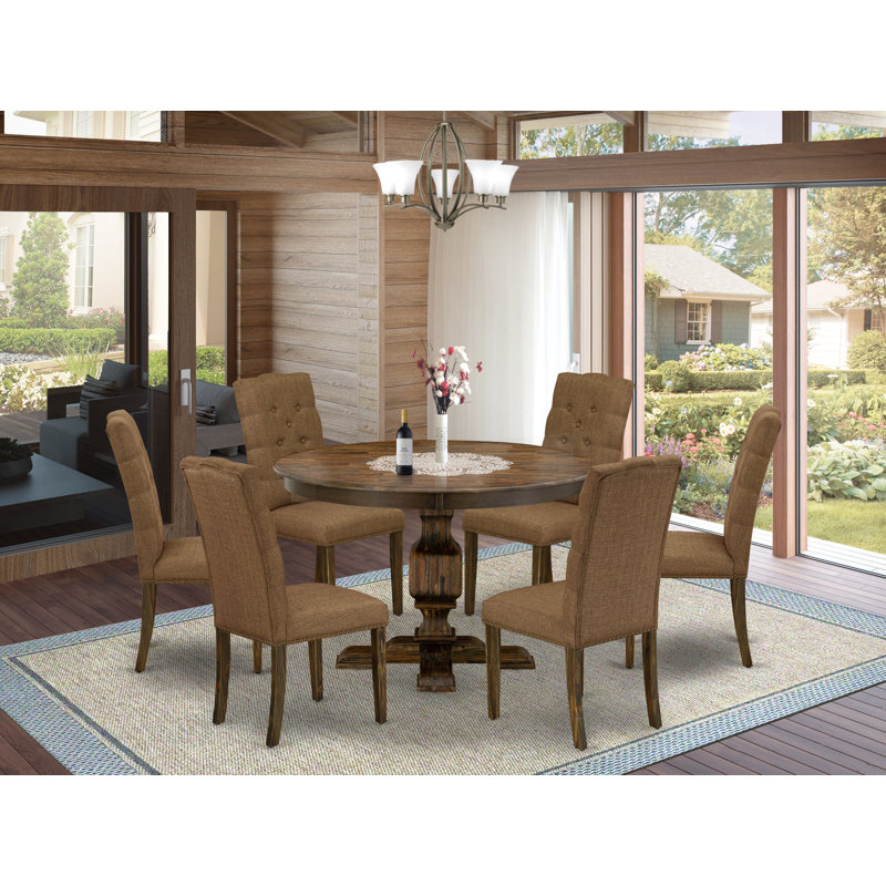 Distressed Jacobean 48" Round Pedestal Dining Set with 6 Brown Linen Chairs