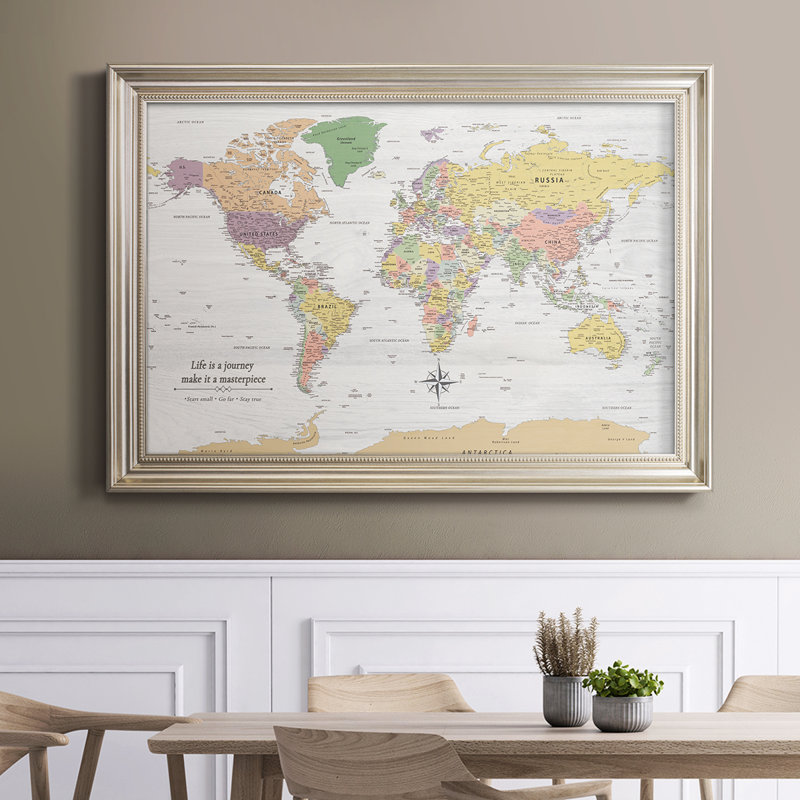 Carte du monde à punaises - Carte du monde pastel encadrée sur toile, 20 x 30 - Taille intérieure, Argent antique brossé