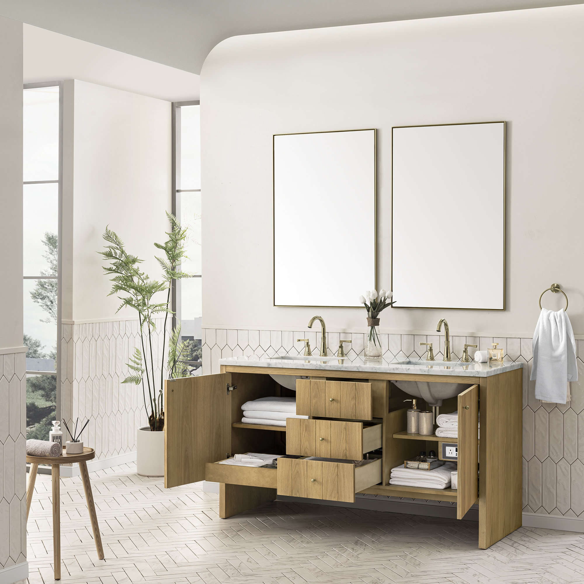 Hudson 60'' Double Bathroom Vanity, 8" Widespread, Light Natural Oak, Carrara White