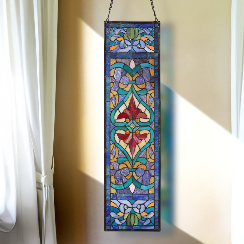 Panneau de vitrail vertical victorien 36 po Lani, Bleu, mauve et vert