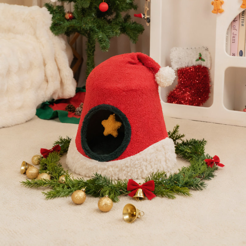 Santa Hat–Shaped Cozy Cat Cave & Christmas Hat Pet Bed