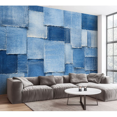 Papier peint adhésif de style patchwork en tissu bleu denim à carreaux carrés de style rustique, adhésif amovible, papier contact mural pour salon, chambre à coucher H 100 po x l 144 po