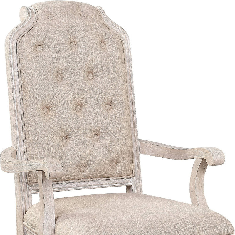 Ensemble de deux fauteuils de salle à manger capitonnés blanc et champagne en tissu et bois massif