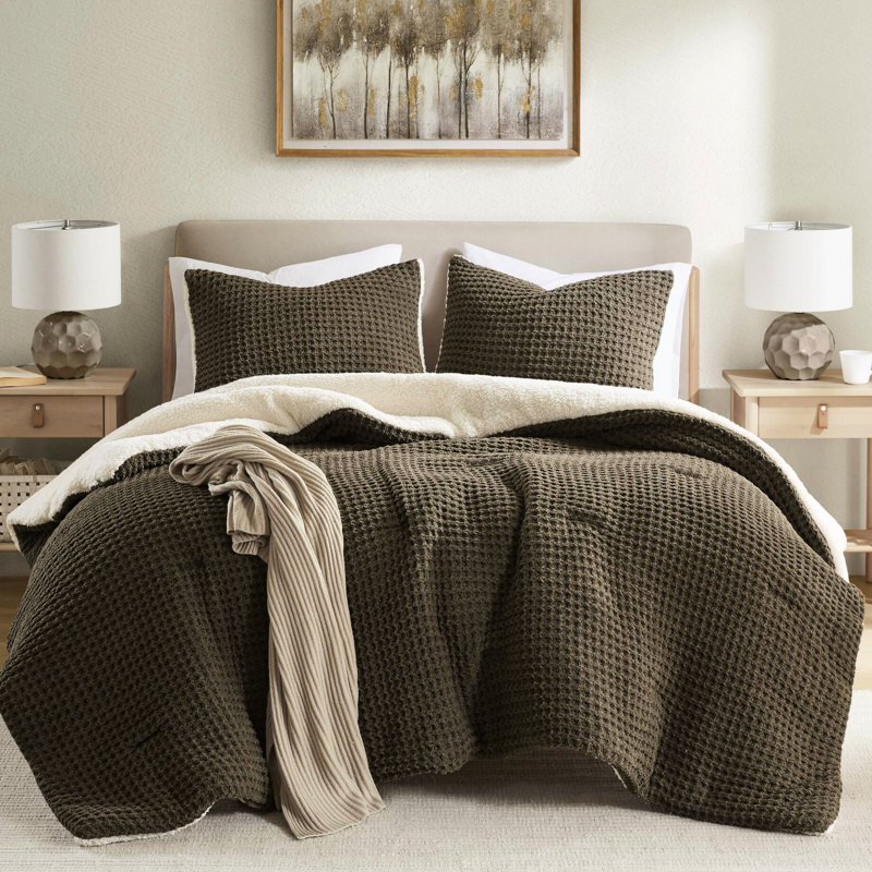 Édredon en chenille de tricot gaufré brun pour lit simple, rembourrage, 2 taies décoratives, réversible, lavage en machine, mélange de gris avec lavable à 100%, revers