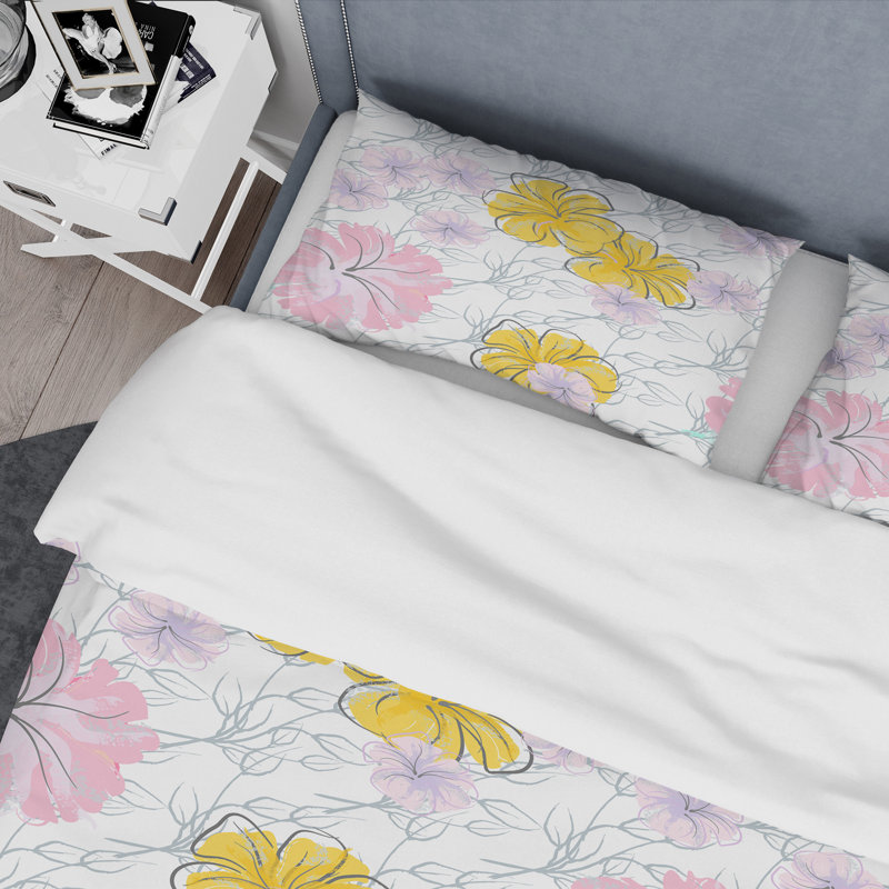 Fleurs roses et jaunes - ensemble de housse de couette floral - microfibre de polyester