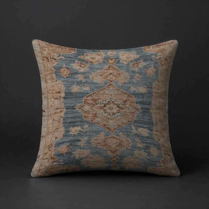 Coussin décoratif intérieur et extérieur Modern, Bleu cendré / brun clair / beige damassé 1, Carré 16 po
