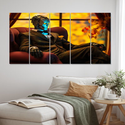 Stylish Humanoid Android Sitting On Couch II - Robot Canvas Art Print - 5 Equal Panels