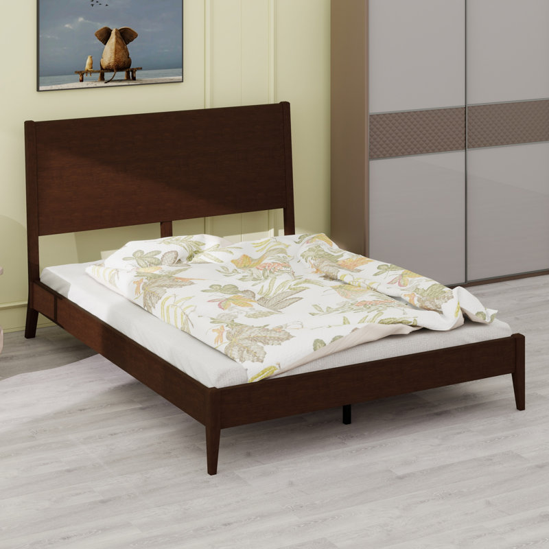 Base de lit plateforme Mid-Century moderne avec lattes en bois et support en métal, Chocolate, Queen