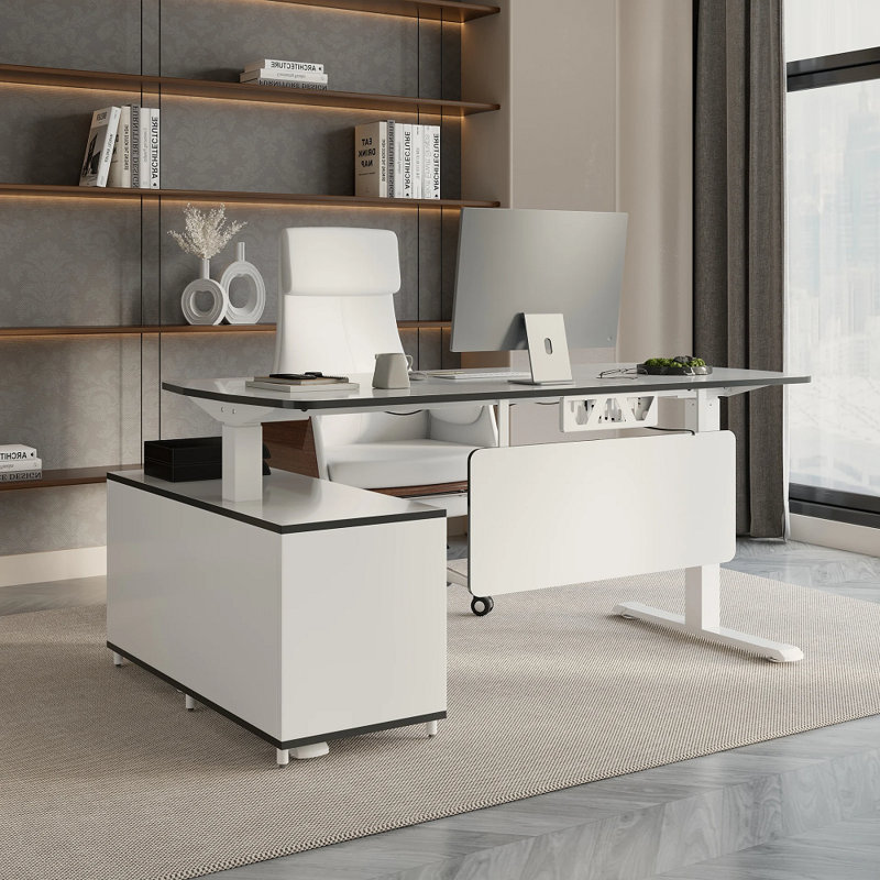 Modern L-Desk Height Adjustable Electric Standing Desk With 3 Doors And Drawer, Black