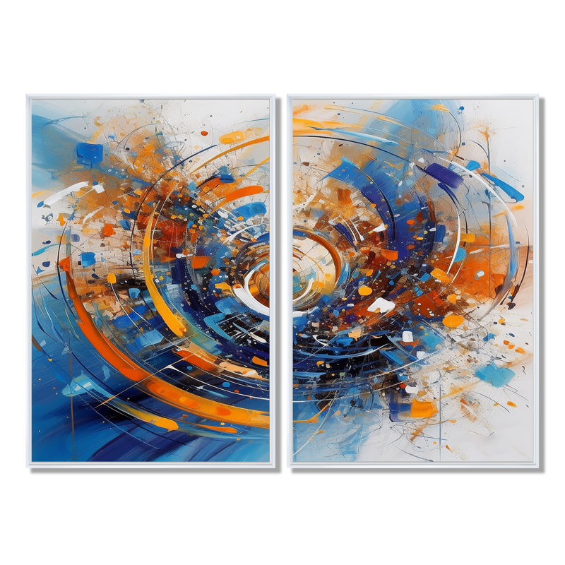 «Blue and Orange Space» - Art mural sur toile traditionnel orange 2 panneaux, H 36 po x l 48 po, Blanc