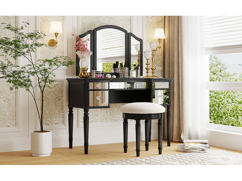  Ensemble de coiffeuse 43 "avec tiroirs en miroir et tabouret, miroir à trois volets, ensemble de coiffeuse pour la chambre à coucher, noir