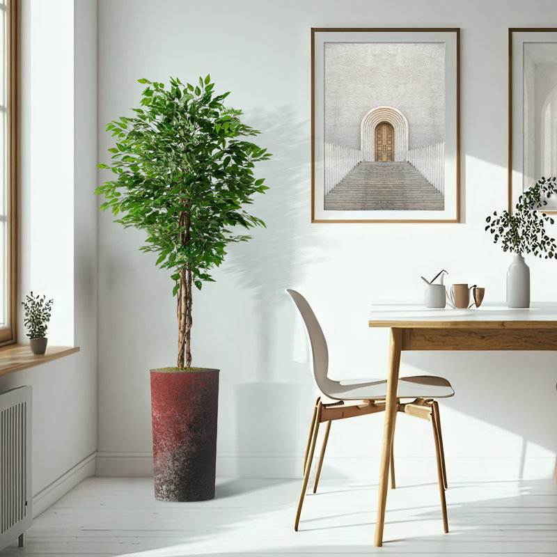 Arbre artificiel dans un pot de fleurs moderne, faux arbre en soie ficus (décoration en pot et arbre), Rouge