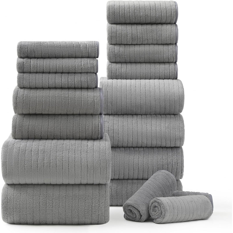 18 Piece Bath Towels Set,Ultra Soft Family Bathroom Towel Set with Hanging Loops-6 Bath Towels, Dark Gray