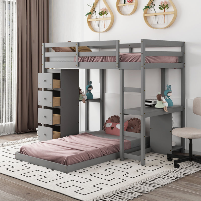 Lit superposé simple au-dessus de simple avec bureau intégré Grigoria par Harriet Bee, gris