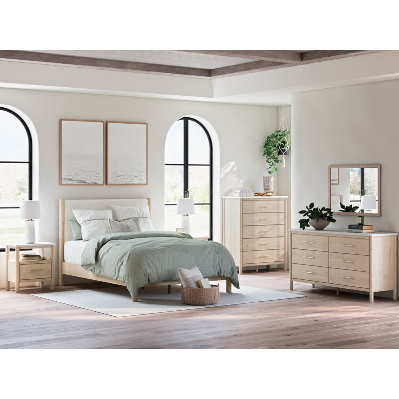 Grand lit à panneau tapissier Ciaran, Beige / Blanc, Grand lit