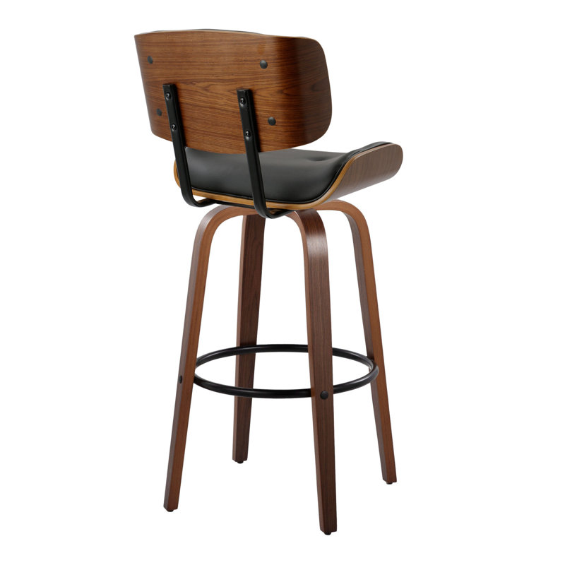 Lombardi 30" Mid-Century Modern Fixed-Height Barstool With Swivel In Walnut Wood And Black Faux Leather With Round Black Metal Footrest By Lumisource - Set Of 2