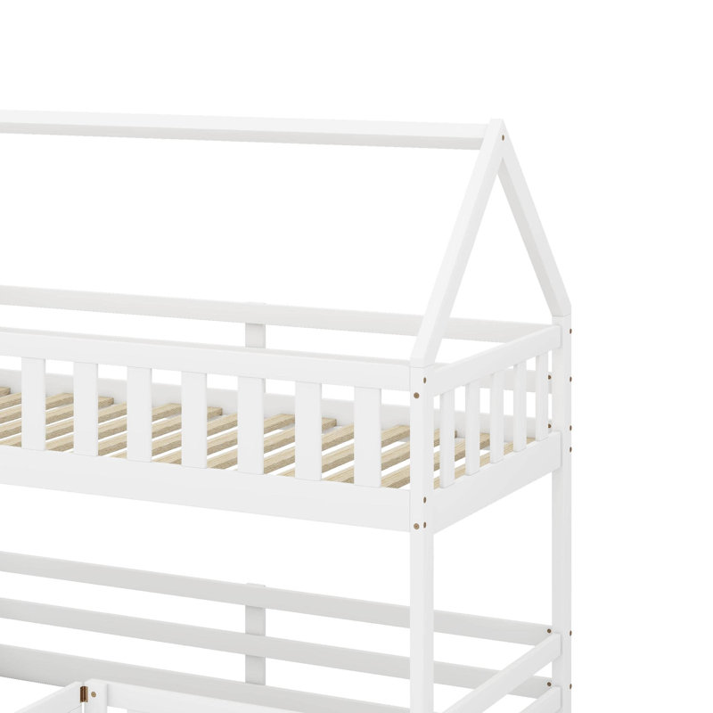 Twin Over Twin House Bunk Bed With Fence And Door, White
