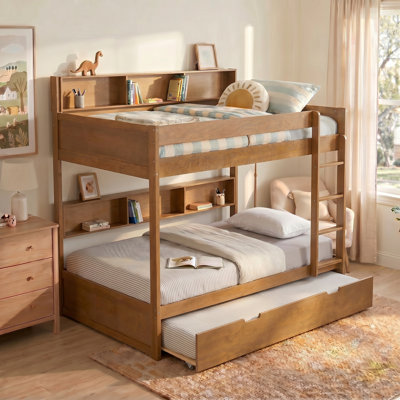 Lit superposé simple au-dessus d'un lit simple avec lit gigogne, cadre de lit pour enfants avec finition en bois pour 3 avec tablettes ouvertes, lit gigogne, bois antique et grand rangement
