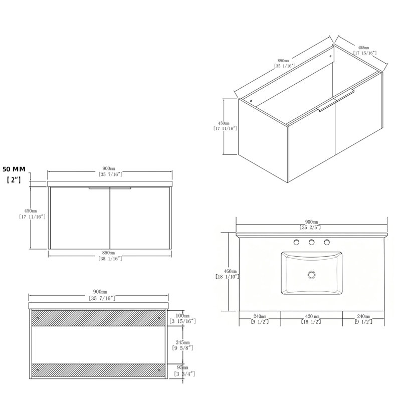 Meuble-lavabo de 91 cm avec lavabo, armoire de rangement suspendue en contreplaqué avec portes à fermeture amortie, plateau en marbre reconstitué, noir