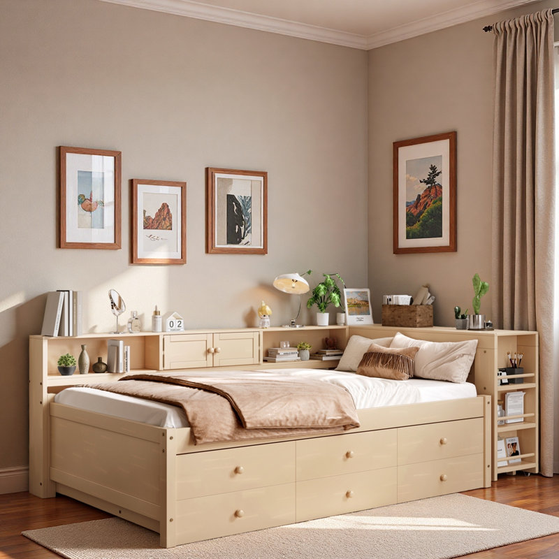 Lit de jour en bois avec tiroirs de rangement, tablettes latérales, bureau et lit gigogne, Lit simple, Doré