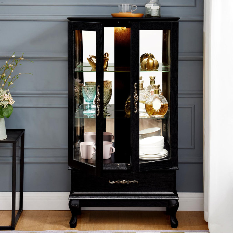 Vitrine lumineuse avec portes vitrées et tablettes réglables Vitrine vitrée 2 portes avec lumières DEL Finition et tiroir noir pour la décoration intérieure et le rangement